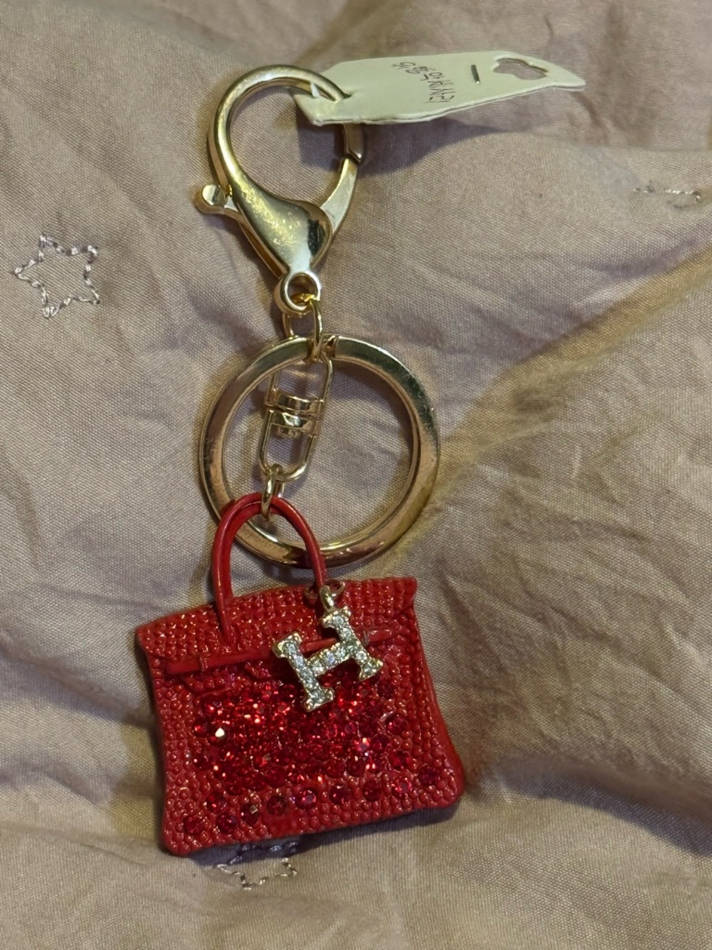 Red Glitter Handbag Keychain- bag clip with Rhinestone 'H' Charm